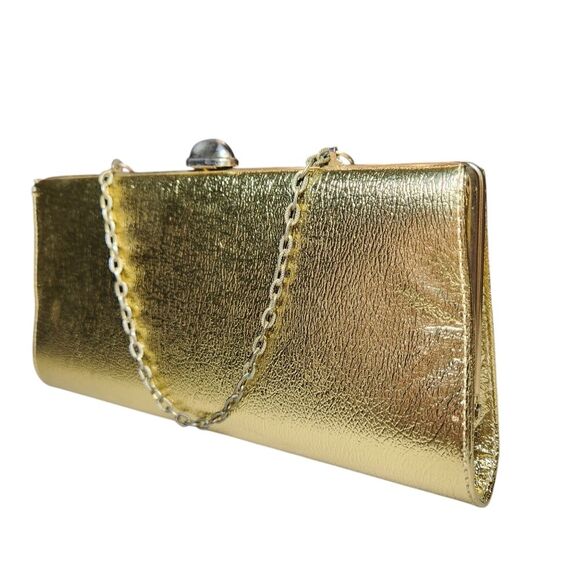 Vintage 60s Leather Gold Clutch Purse Handbag Metallic Chain Handle Envelope MCM - Picture 12 of 16